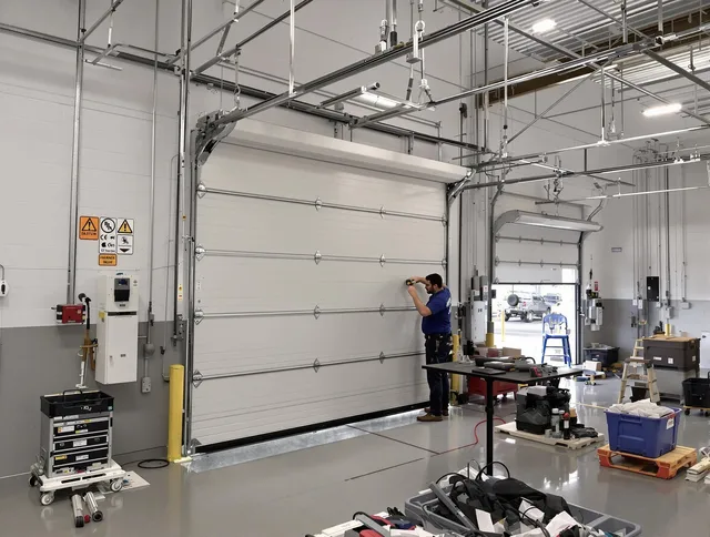 Commercial garage door repair being performed by East Hartford Garage Door Repair expert in East Hartford