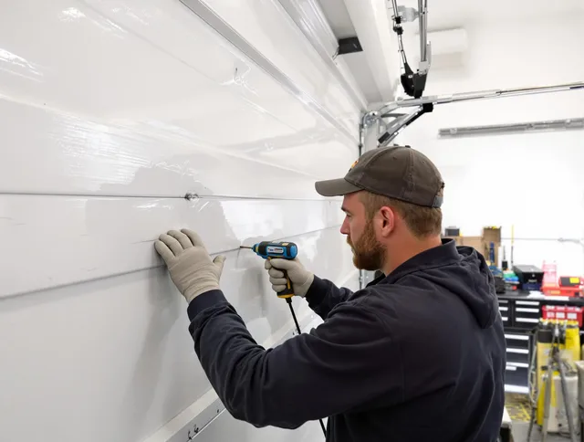 East Hartford Garage Door Repair technician demonstrating precision dent removal techniques on a East Hartford garage door
