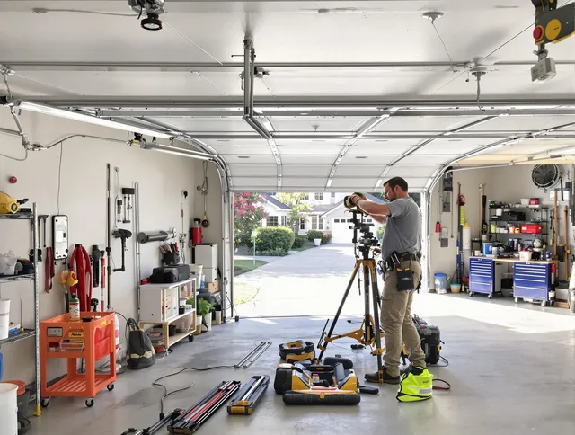 East Hartford Garage Door Repair specialist performing laser-guided track alignment in East Hartford